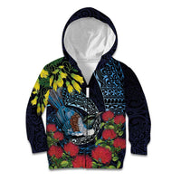 New Zealand Tui Bird Kid Hoodie Maori Koru Mix Pohutukawa