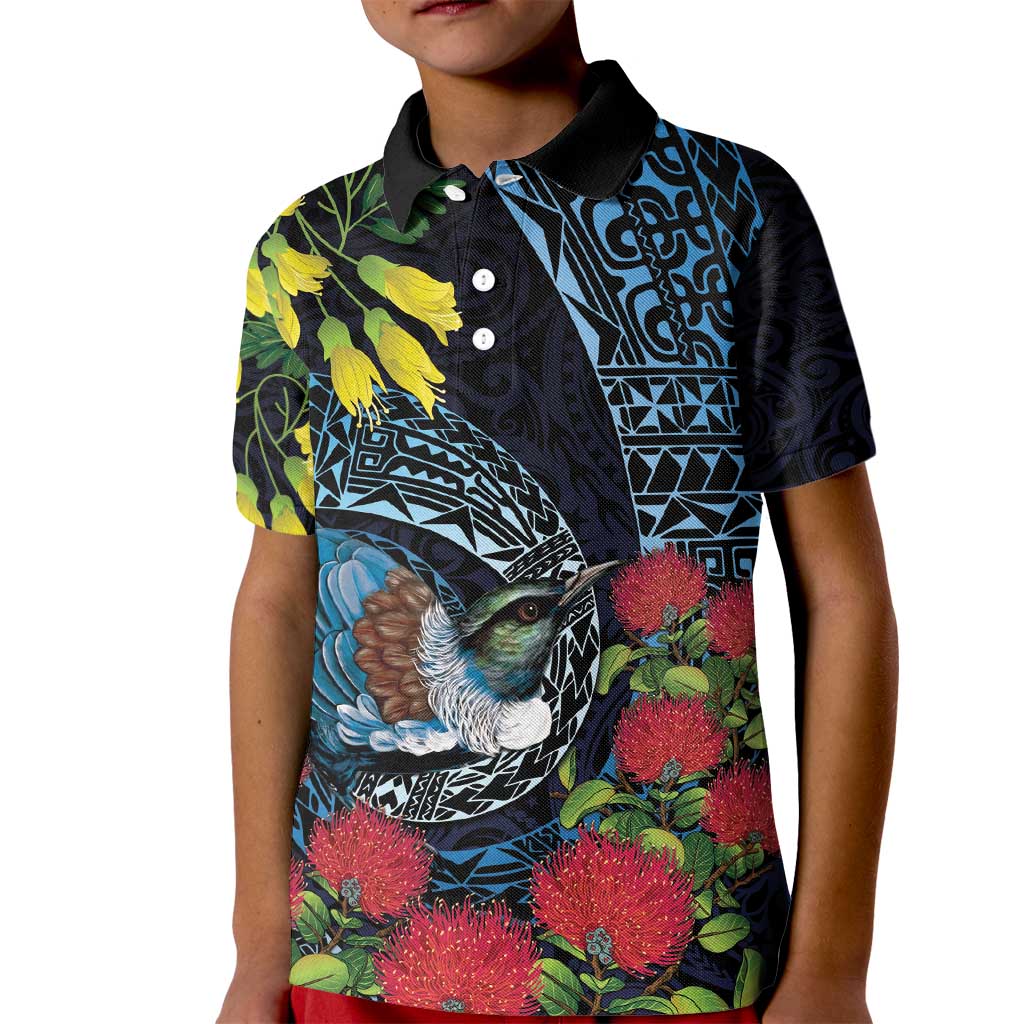 New Zealand Tui Bird Kid Polo Shirt Maori Koru Mix Pohutukawa