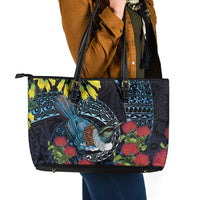 New Zealand Tui Bird Leather Tote Bag Maori Koru Mix Pohutukawa