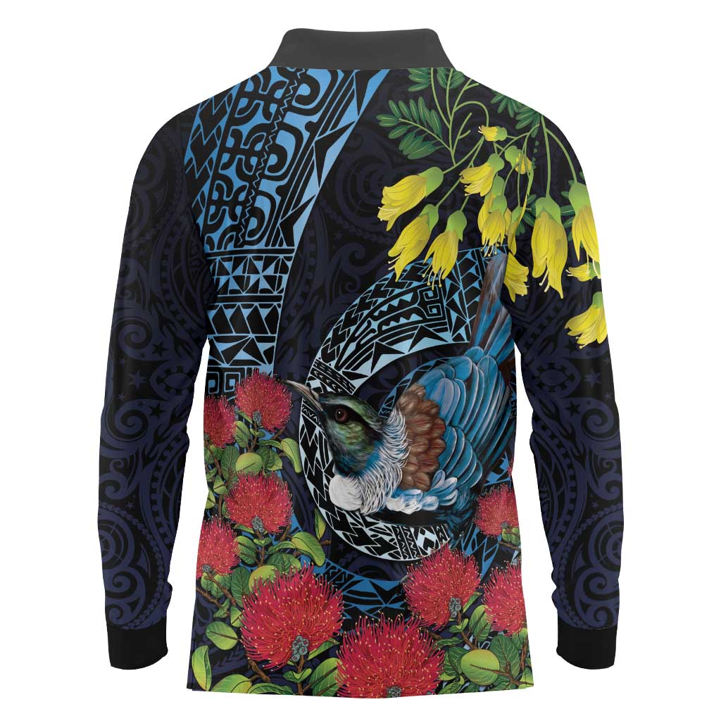 New Zealand Tui Bird Long Sleeve Polo Shirt Maori Koru Mix Pohutukawa