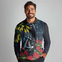 New Zealand Tui Bird Long Sleeve Polo Shirt Maori Koru Mix Pohutukawa