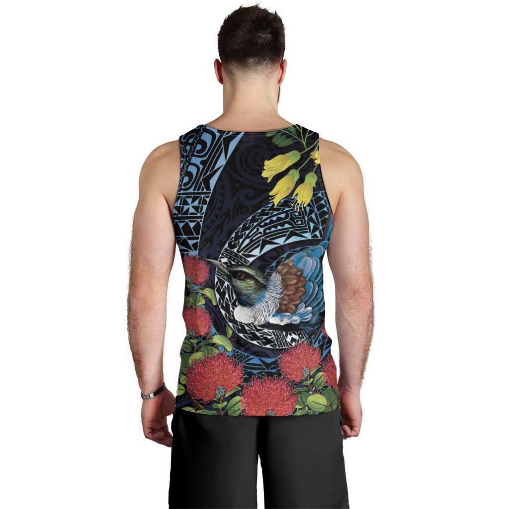 New Zealand Tui Bird Men Tank Top Maori Koru Mix Pohutukawa DT04 - Polynesian Pride