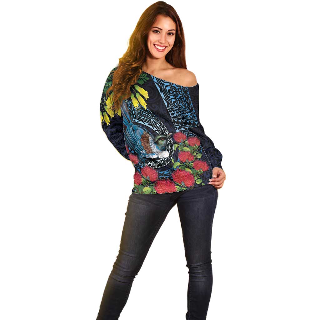 New Zealand Tui Bird Off Shoulder Sweater Maori Koru Mix Pohutukawa