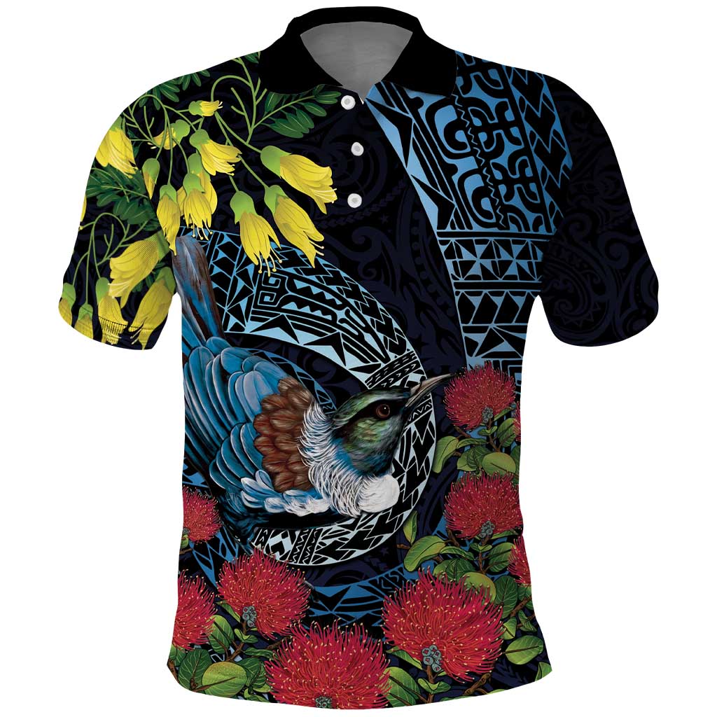New Zealand Tui Bird Polo Shirt Maori Koru Mix Pohutukawa