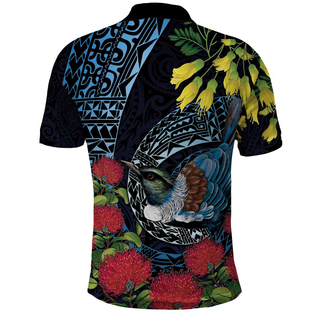 New Zealand Tui Bird Polo Shirt Maori Koru Mix Pohutukawa