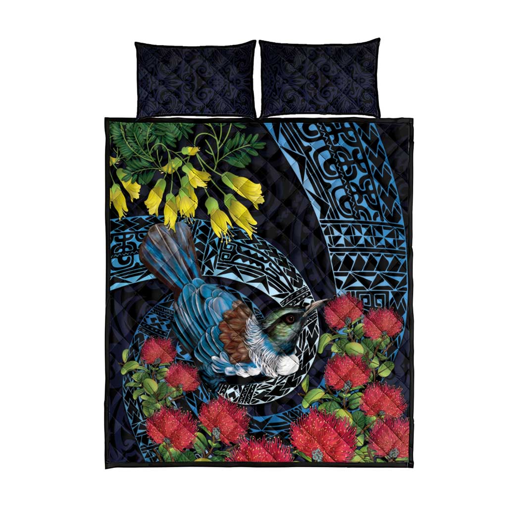 New Zealand Tui Bird Quilt Bed Set Maori Koru Mix Pohutukawa