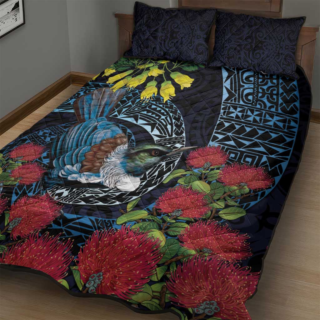 New Zealand Tui Bird Quilt Bed Set Maori Koru Mix Pohutukawa