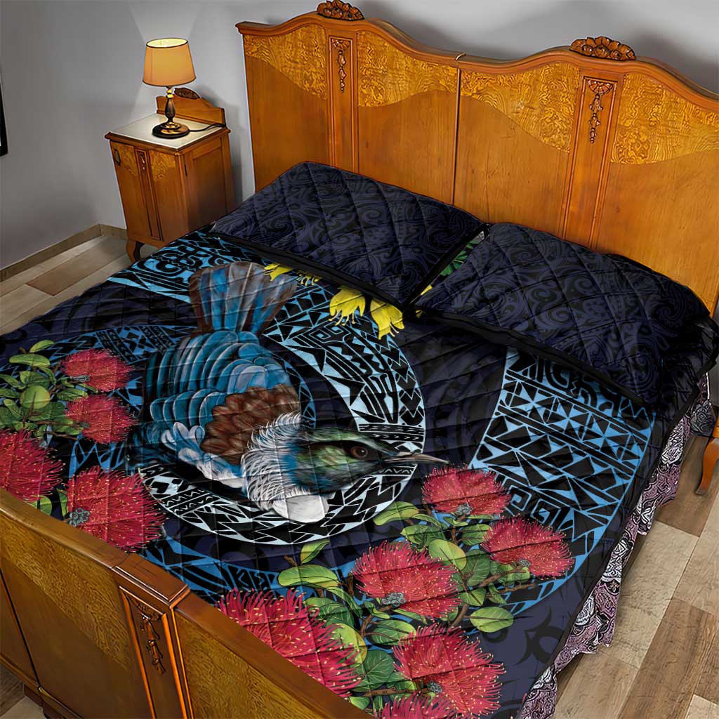 New Zealand Tui Bird Quilt Bed Set Maori Koru Mix Pohutukawa
