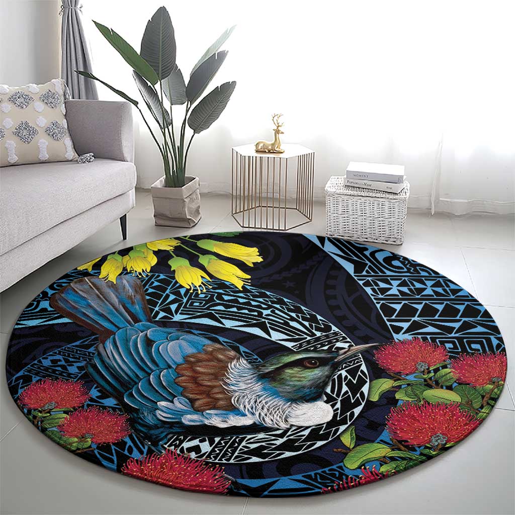 New Zealand Tui Bird Round Carpet Maori Koru Mix Pohutukawa