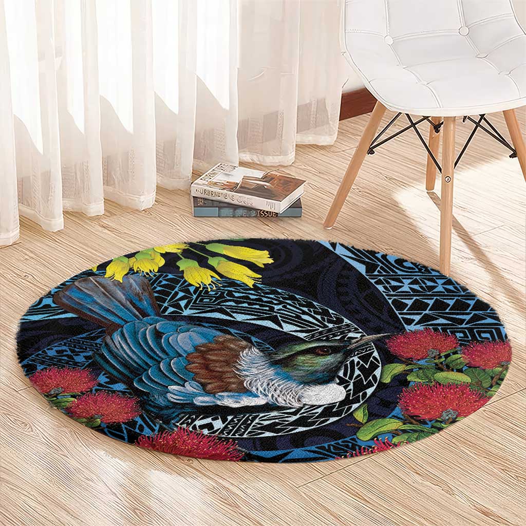 New Zealand Tui Bird Round Carpet Maori Koru Mix Pohutukawa