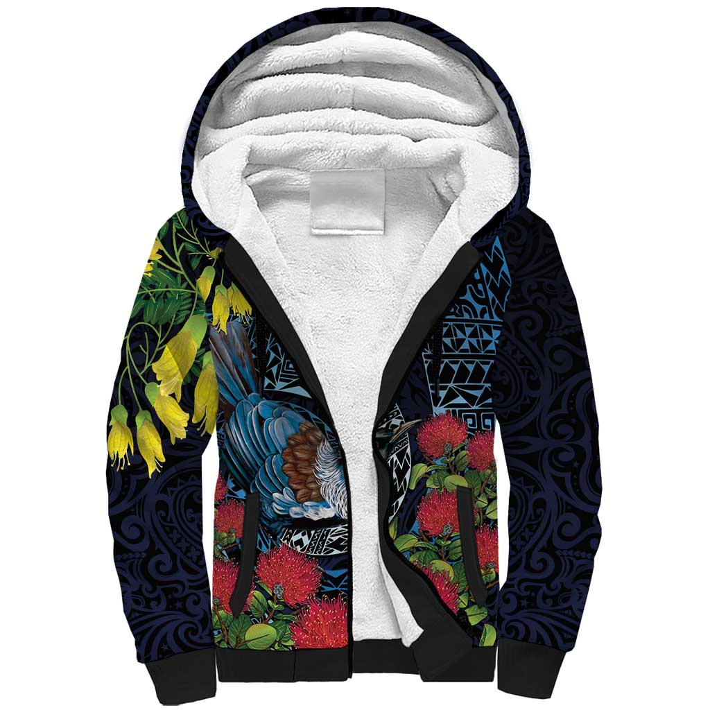 New Zealand Tui Bird Sherpa Hoodie Maori Koru Mix Pohutukawa DT04 Unisex Black - Polynesian Pride
