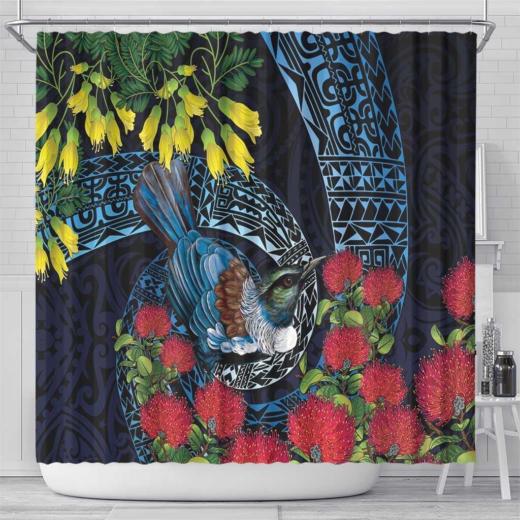 New Zealand Tui Bird Shower Curtain Maori Koru Mix Pohutukawa