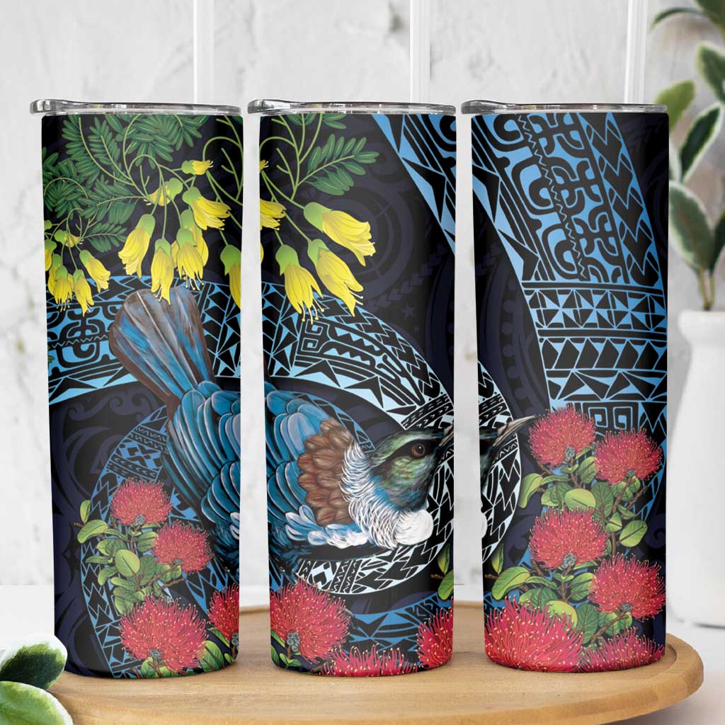 New Zealand Tui Bird Skinny Tumbler Maori Koru Mix Pohutukawa