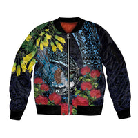 New Zealand Tui Bird Sleeve Zip Bomber Jacket Maori Koru Mix Pohutukawa