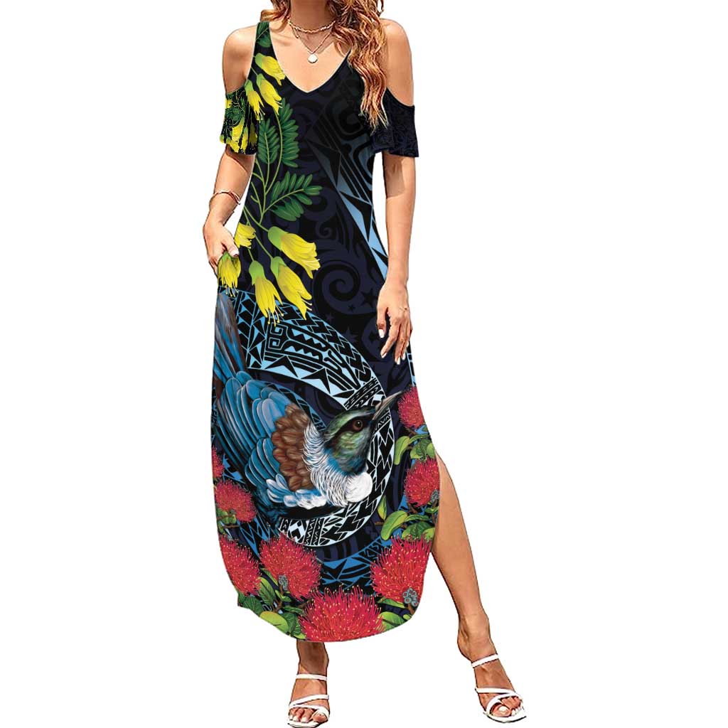 New Zealand Tui Bird Summer Maxi Dress Maori Koru Mix Pohutukawa