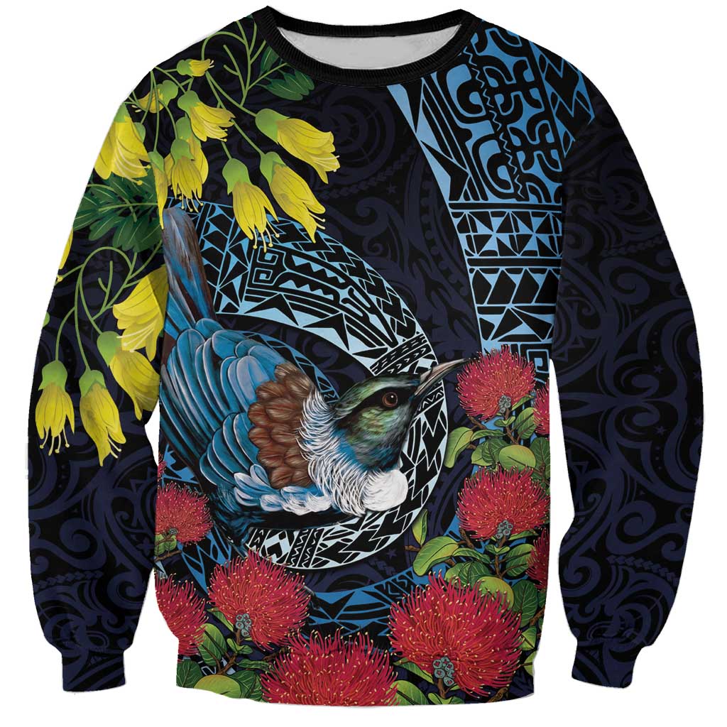 New Zealand Tui Bird Sweatshirt Maori Koru Mix Pohutukawa DT04 Unisex Black - Polynesian Pride