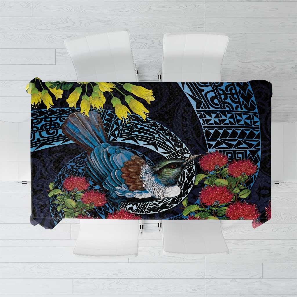 New Zealand Tui Bird Tablecloth Maori Koru Mix Pohutukawa DT04 Black - Polynesian Pride