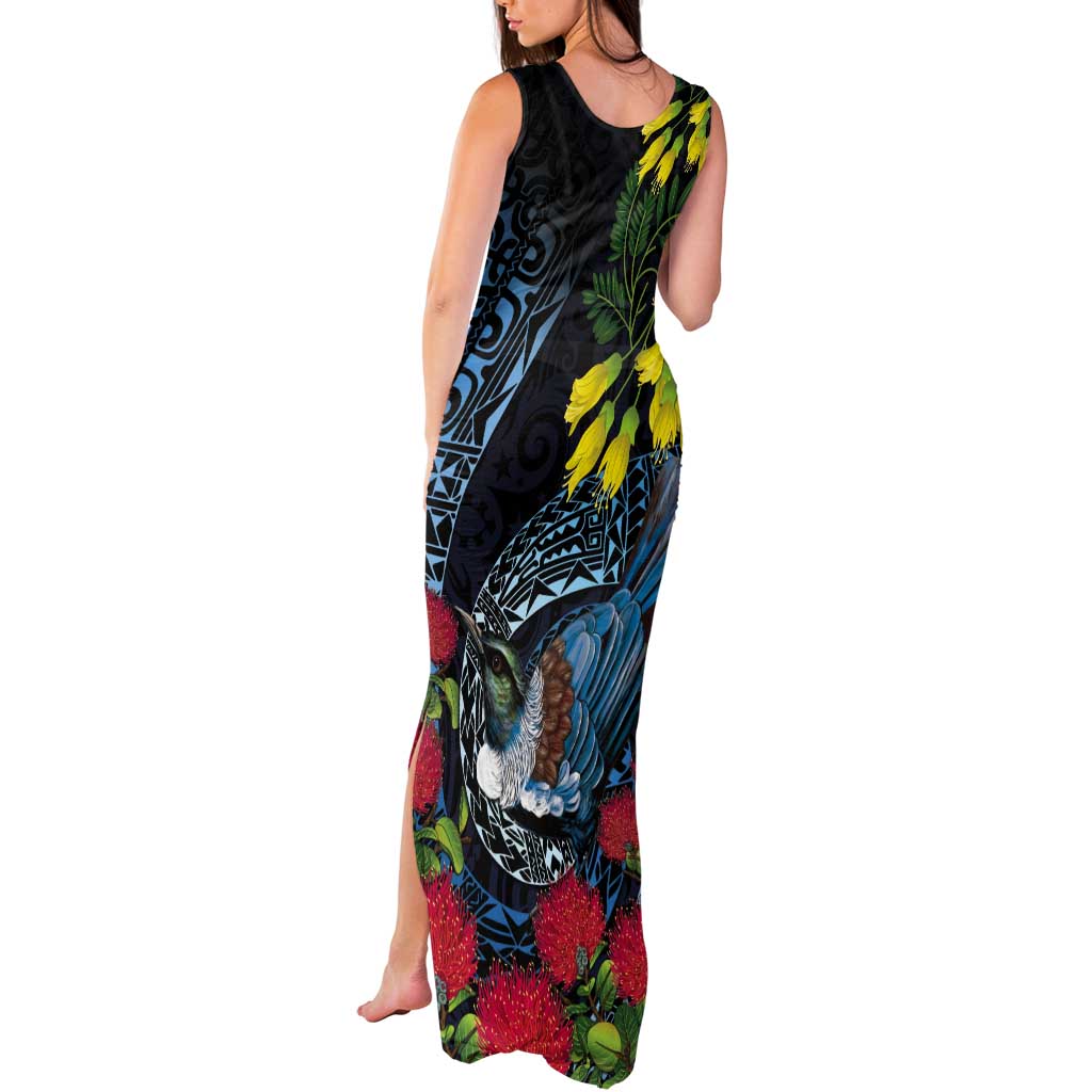 New Zealand Tui Bird Tank Maxi Dress Maori Koru Mix Pohutukawa