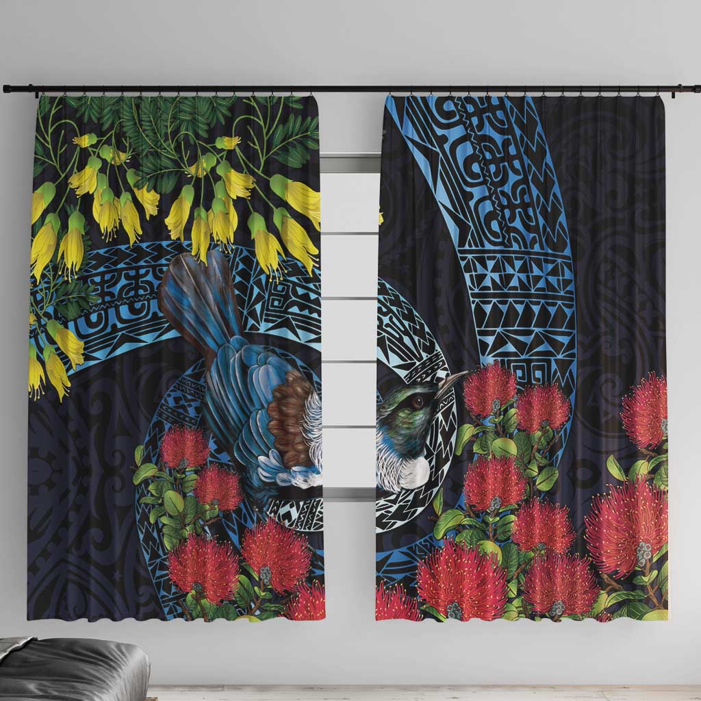 New Zealand Tui Bird Window Curtain Maori Koru Mix Pohutukawa DT04 With Hooks Black - Polynesian Pride