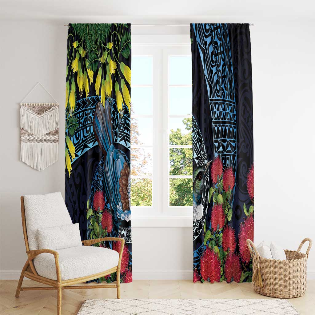 New Zealand Tui Bird Window Curtain Maori Koru Mix Pohutukawa DT04 - Polynesian Pride