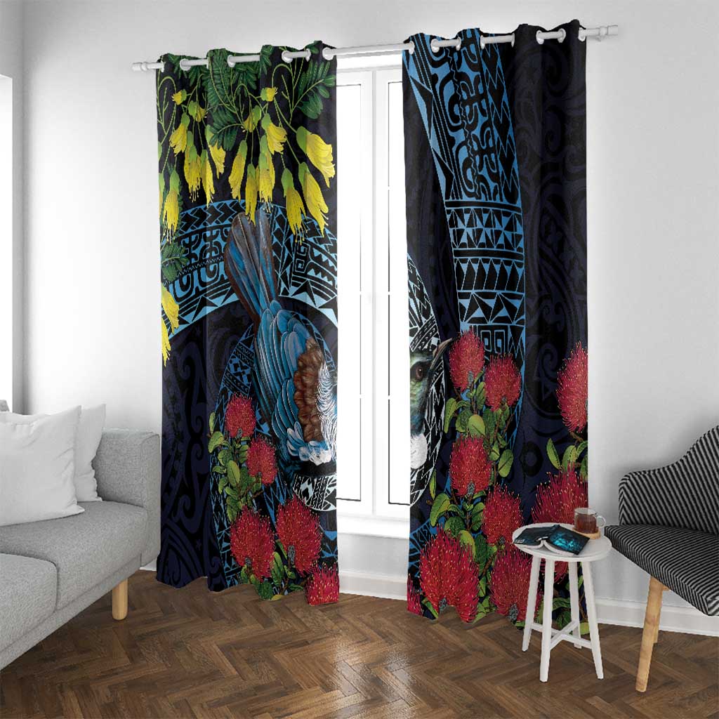 New Zealand Tui Bird Window Curtain Maori Koru Mix Pohutukawa DT04 With Grommets Black - Polynesian Pride