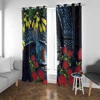 New Zealand Tui Bird Window Curtain Maori Koru Mix Pohutukawa DT04 With Grommets Black - Polynesian Pride