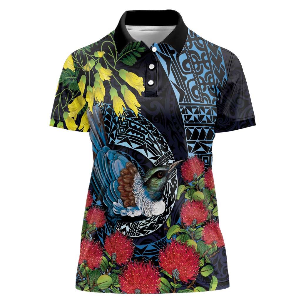 New Zealand Tui Bird Women Polo Shirt Maori Koru Mix Pohutukawa