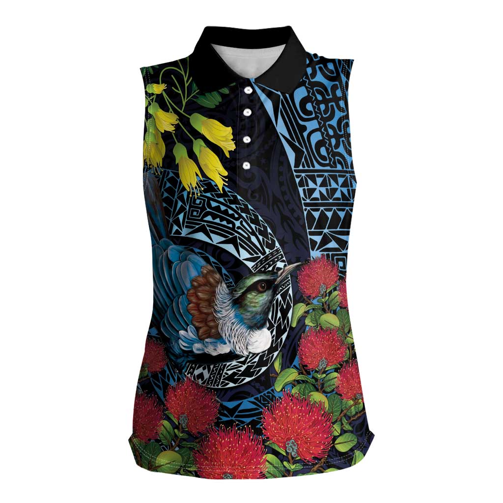 New Zealand Tui Bird Women Sleeveless Polo Shirt Maori Koru Mix Pohutukawa