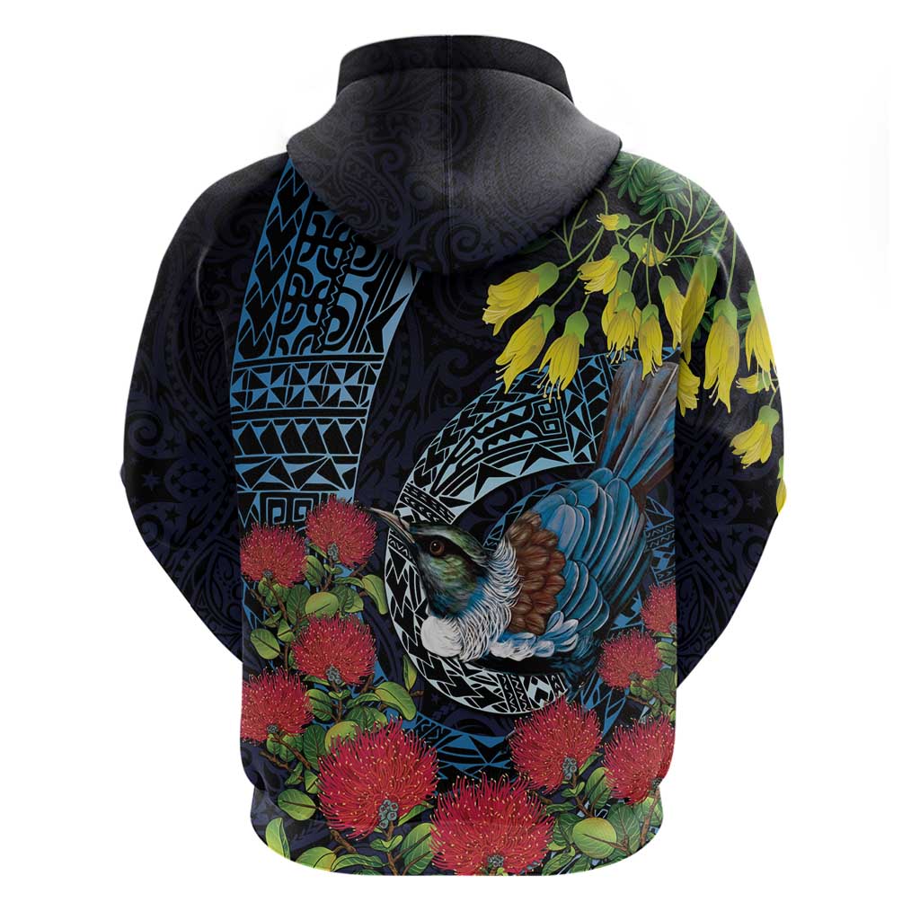 New Zealand Tui Bird Zip Hoodie Maori Koru Mix Pohutukawa