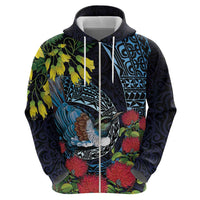 New Zealand Tui Bird Zip Hoodie Maori Koru Mix Pohutukawa