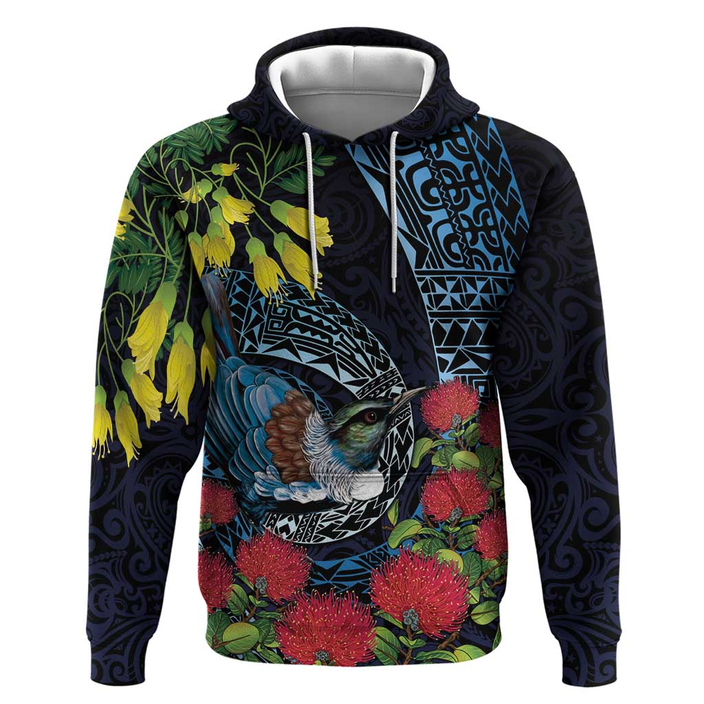 New Zealand Tui Bird Zip Hoodie Maori Koru Mix Pohutukawa