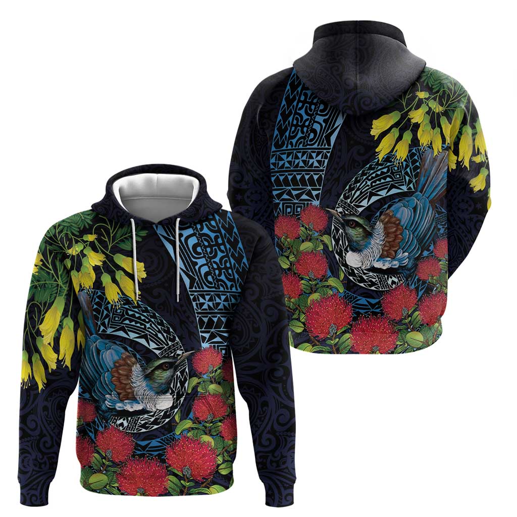 New Zealand Tui Bird Zip Hoodie Maori Koru Mix Pohutukawa