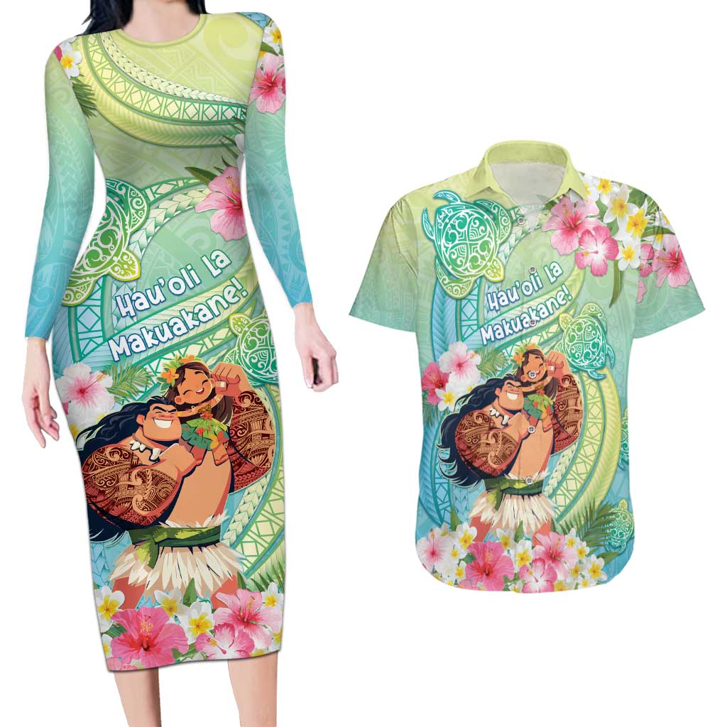 Personalised Hawaii Father's Day Couples Matching Long Sleeve Bodycon Dress and Hawaiian Shirt Happy Father And Child DT04 Green - Polynesian Pride