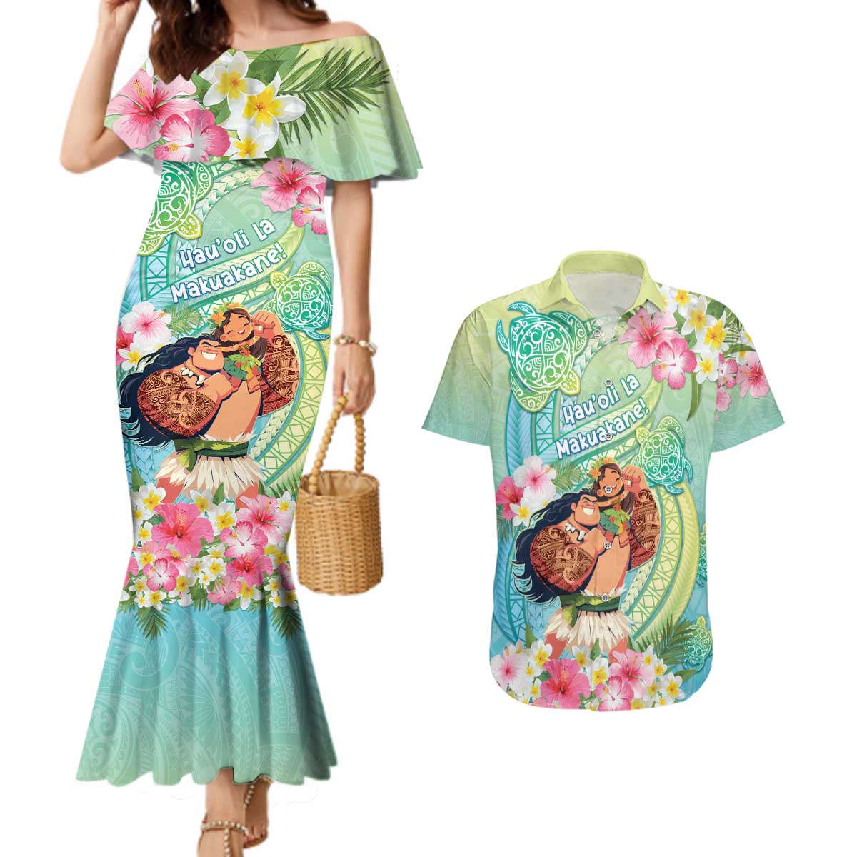 Personalised Hawaii Father's Day Couples Matching Mermaid Dress and Hawaiian Shirt Happy Father And Child DT04 Green - Polynesian Pride
