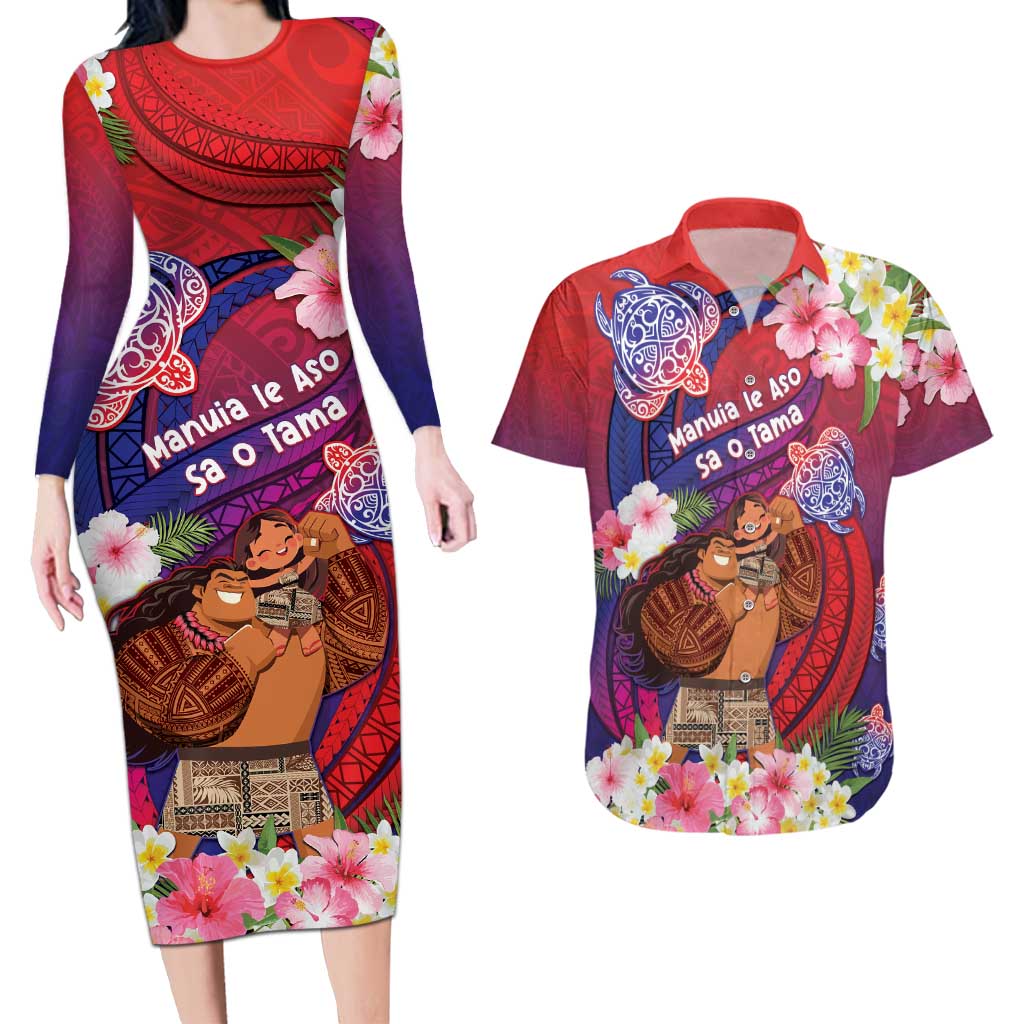 Personalised Samoa Father's Day Couples Matching Long Sleeve Bodycon Dress and Hawaiian Shirt Happy Father And Child DT04 Red - Polynesian Pride