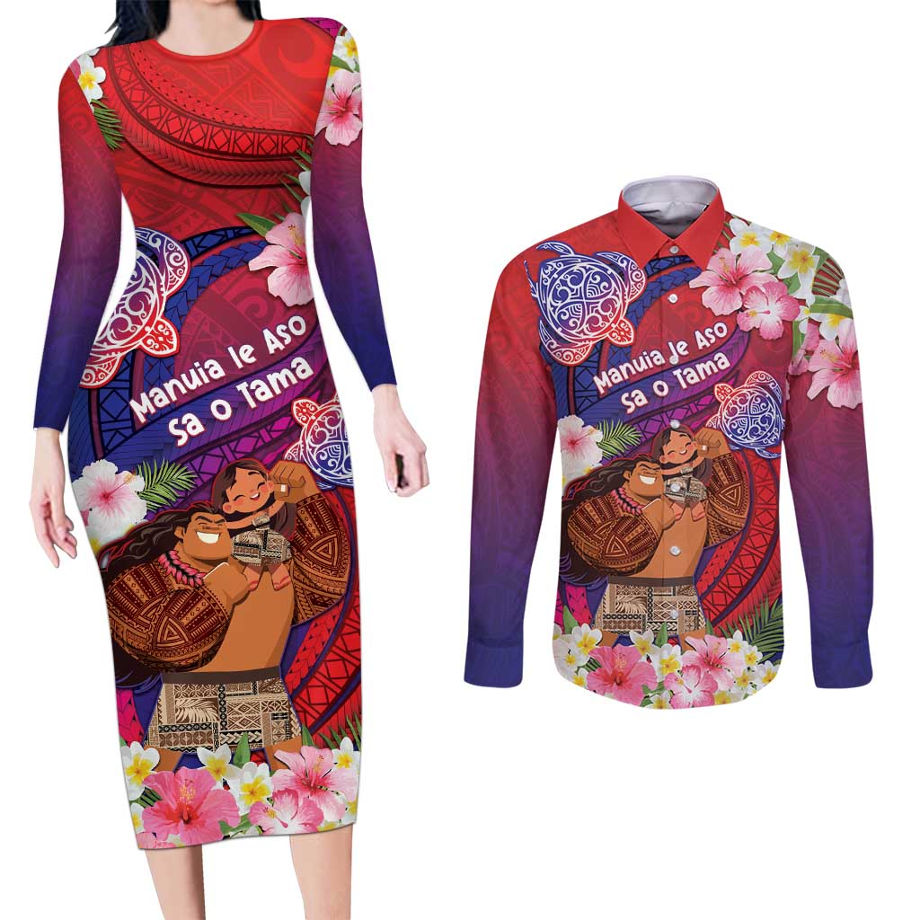 Personalised Samoa Father's Day Couples Matching Long Sleeve Bodycon Dress and Long Sleeve Button Shirt Happy Father And Child DT04 Red - Polynesian Pride
