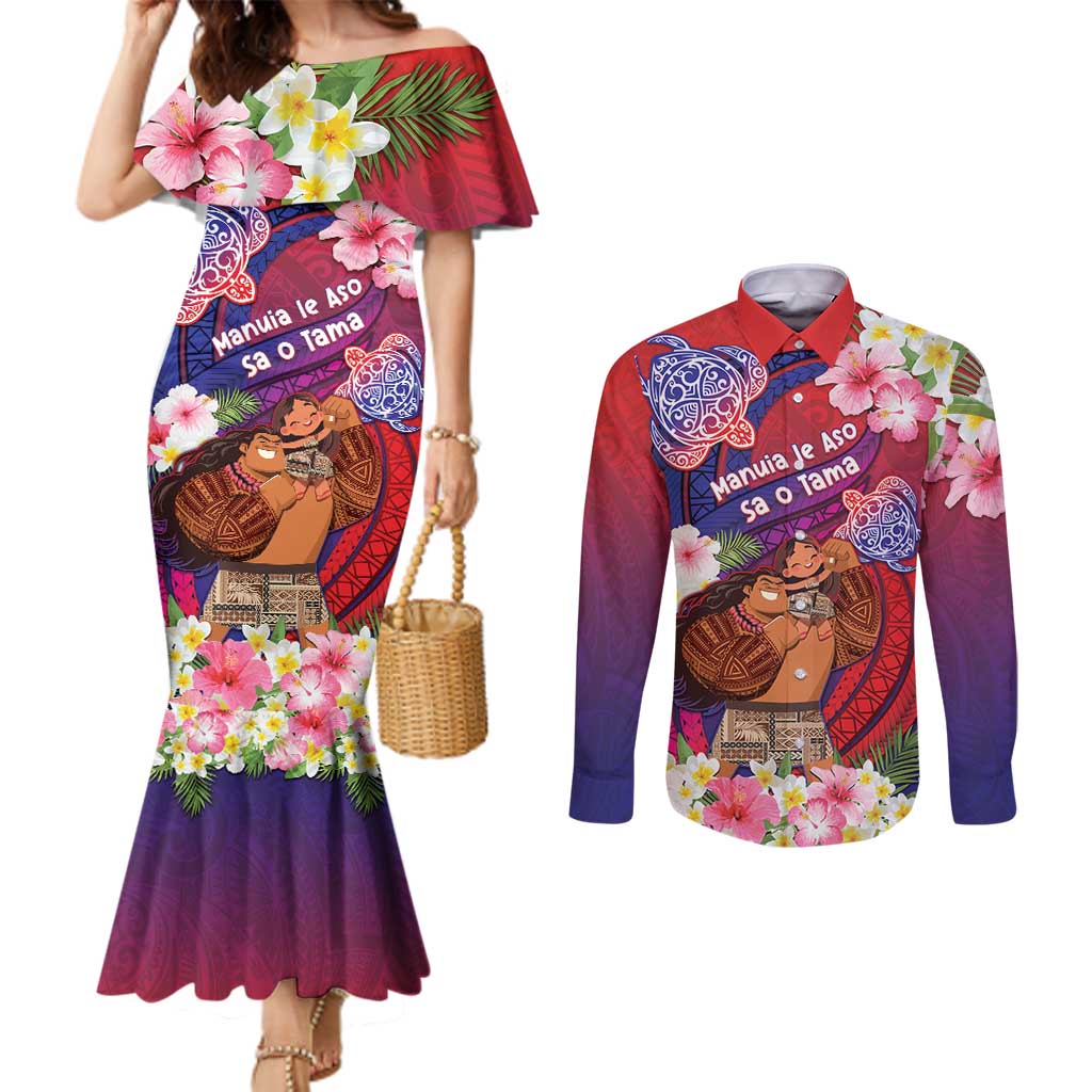 Personalised Samoa Father's Day Couples Matching Mermaid Dress and Long Sleeve Button Shirt Happy Father And Child DT04 Red - Polynesian Pride