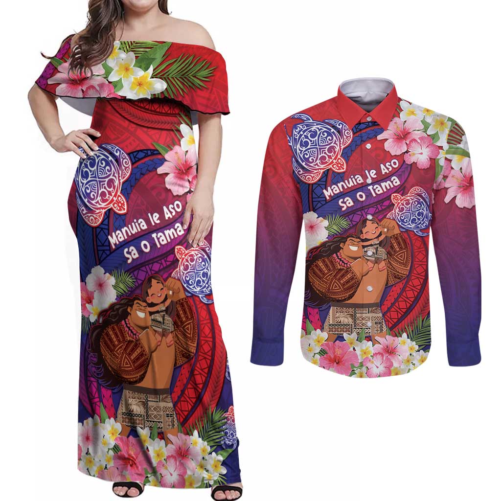 Personalised Samoa Father's Day Couples Matching Off Shoulder Maxi Dress and Long Sleeve Button Shirt Happy Father And Child DT04 Red - Polynesian Pride