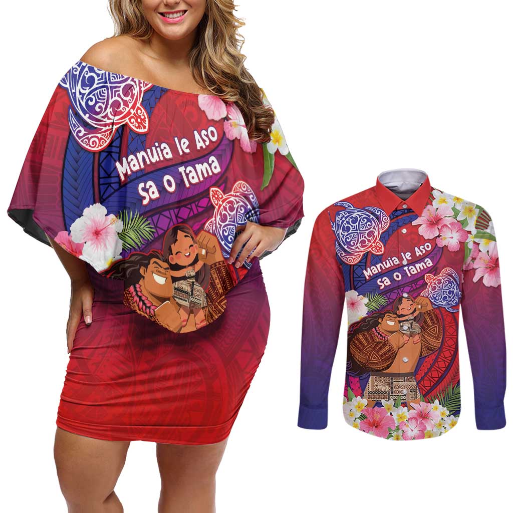 Personalised Samoa Father's Day Couples Matching Off Shoulder Short Dress and Long Sleeve Button Shirt Happy Father And Child DT04 Red - Polynesian Pride