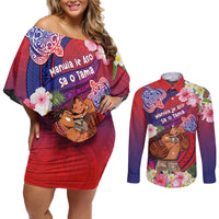Personalised Samoa Father's Day Couples Matching Off Shoulder Short Dress and Long Sleeve Button Shirt Happy Father And Child DT04 Red - Polynesian Pride