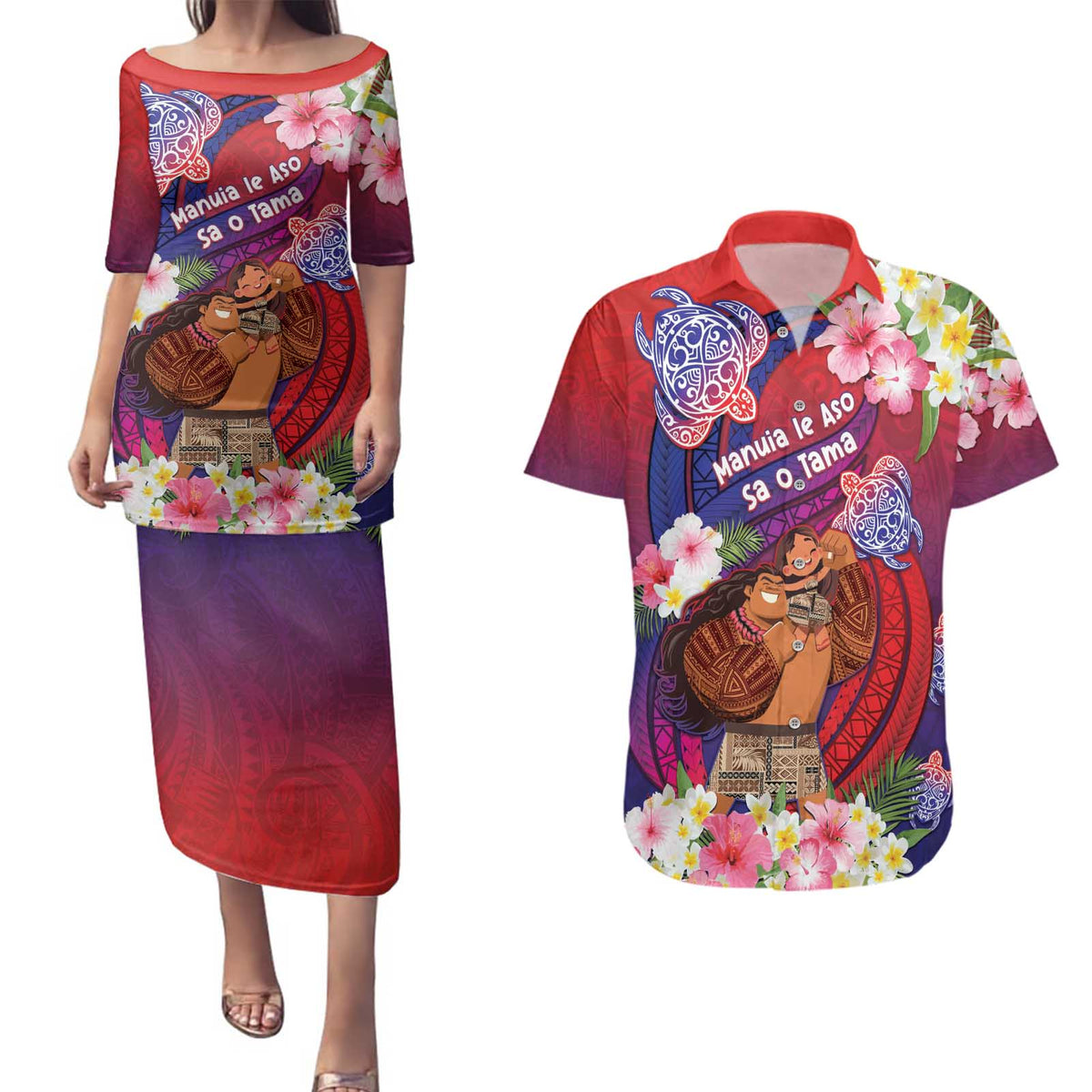 Personalised Samoa Father's Day Couples Matching Puletasi and Hawaiian Shirt Happy Father And Child DT04 Red - Polynesian Pride
