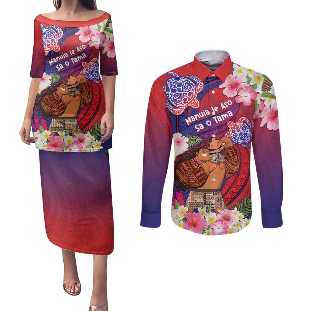 Personalised Samoa Father's Day Couples Matching Puletasi and Long Sleeve Button Shirt Happy Father And Child DT04 Red - Polynesian Pride