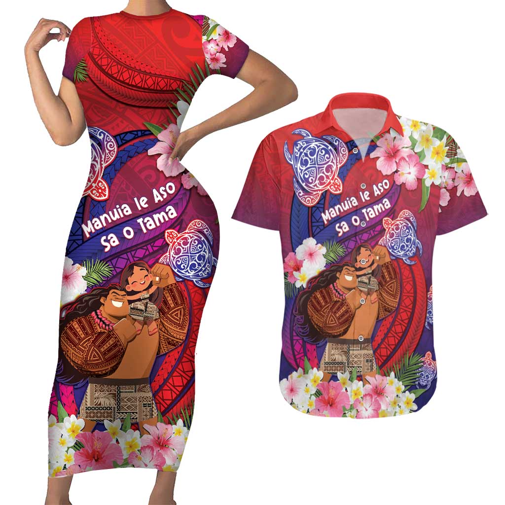 Personalised Samoa Father's Day Couples Matching Short Sleeve Bodycon Dress and Hawaiian Shirt Happy Father And Child DT04 Red - Polynesian Pride