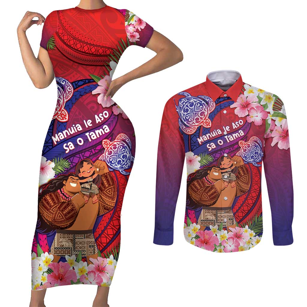Personalised Samoa Father's Day Couples Matching Short Sleeve Bodycon Dress and Long Sleeve Button Shirt Happy Father And Child DT04 Red - Polynesian Pride