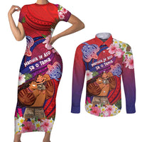 Personalised Samoa Father's Day Couples Matching Short Sleeve Bodycon Dress and Long Sleeve Button Shirt Happy Father And Child DT04 Red - Polynesian Pride