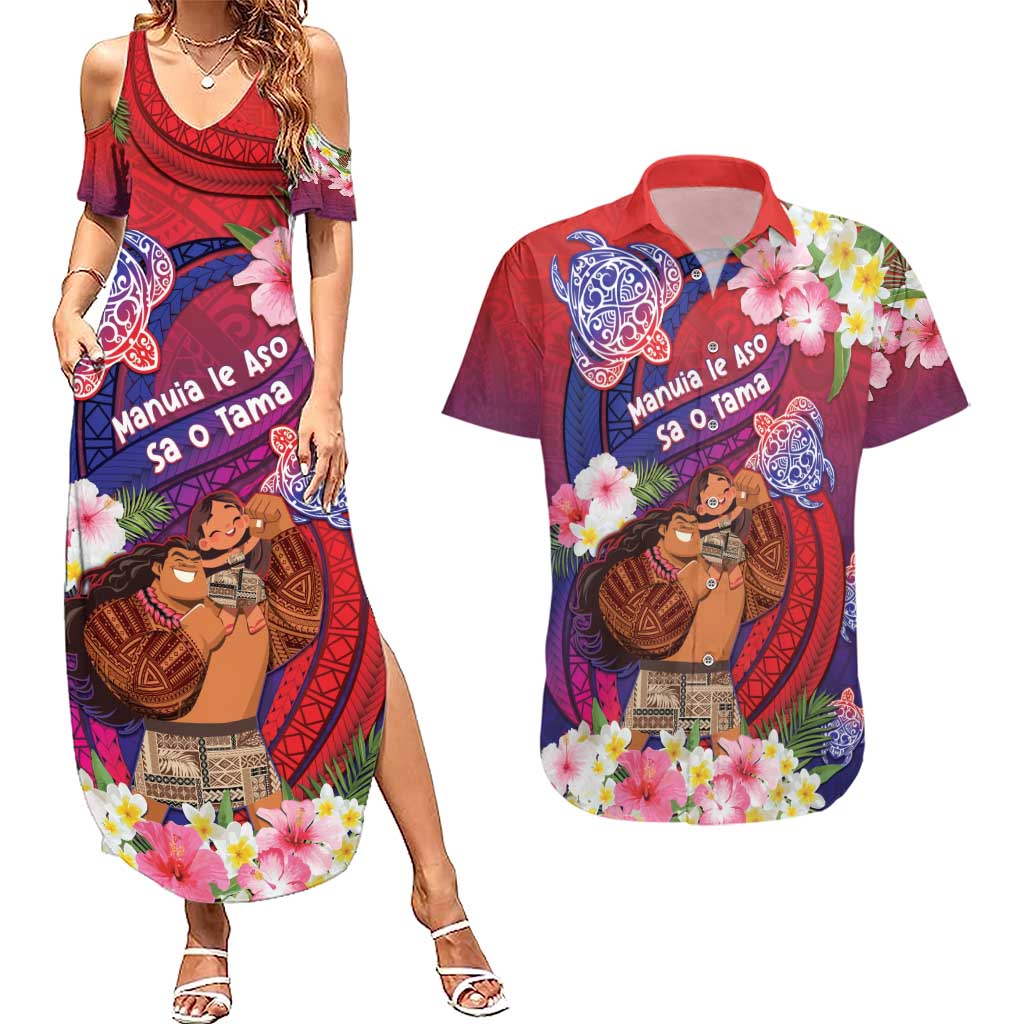 Personalised Samoa Father's Day Couples Matching Summer Maxi Dress and Hawaiian Shirt Happy Father And Child DT04 Red - Polynesian Pride
