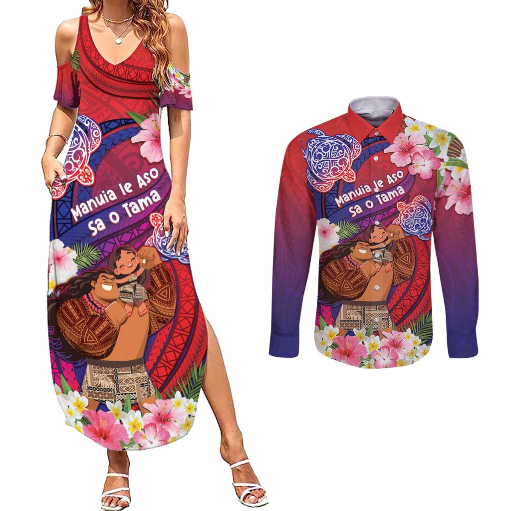 Personalised Samoa Father's Day Couples Matching Summer Maxi Dress and Long Sleeve Button Shirt Happy Father And Child DT04 Red - Polynesian Pride