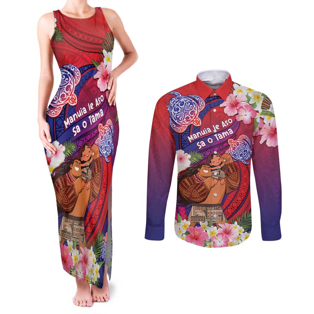 Personalised Samoa Father's Day Couples Matching Tank Maxi Dress and Long Sleeve Button Shirt Happy Father And Child DT04 Red - Polynesian Pride