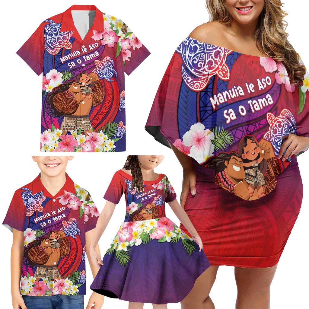 Personalised Samoa Father's Day Family Matching Off Shoulder Short Dress and Hawaiian Shirt Happy Father And Child