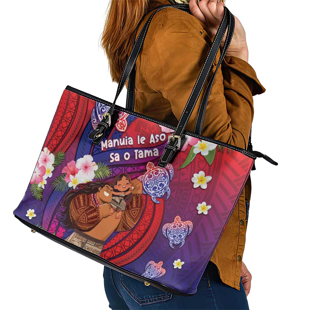 Samoa Father's Day Leather Tote Bag Happy Father And Child